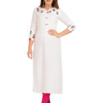 DARGU Women's Rayon Straight White Printed Kurti with 3/4 Sleeves
