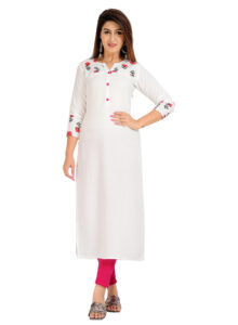 DARGU Women's Rayon Straight White Printed Kurti with 3/4 Sleeves