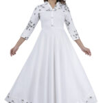 DARGU Women's White Printed A-Line Anarkali Gown with Shirt Collar