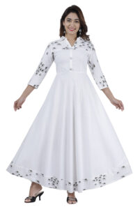 DARGU Women's White Printed A-Line Anarkali Gown with Shirt Collar