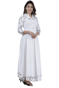DARGU Women's White Printed A-Line Anarkali Gown with Shirt Collar - Image 3