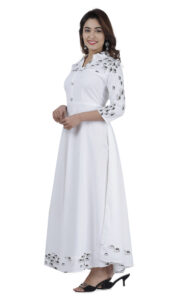 DARGU Women's White Printed A-Line Anarkali Gown with Shirt Collar - Image 4