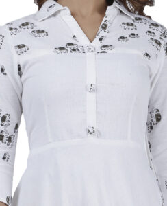 DARGU Women's White Printed A-Line Anarkali Gown with Shirt Collar - Image 5