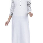 DARGU Women's Solid White Straight Cotton Blend Kurti with Printed Yoke and 3/4 Sleeves