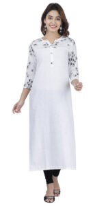 DARGU Women's Solid White Straight Cotton Blend Kurti with Printed Yoke and 3/4 Sleeves