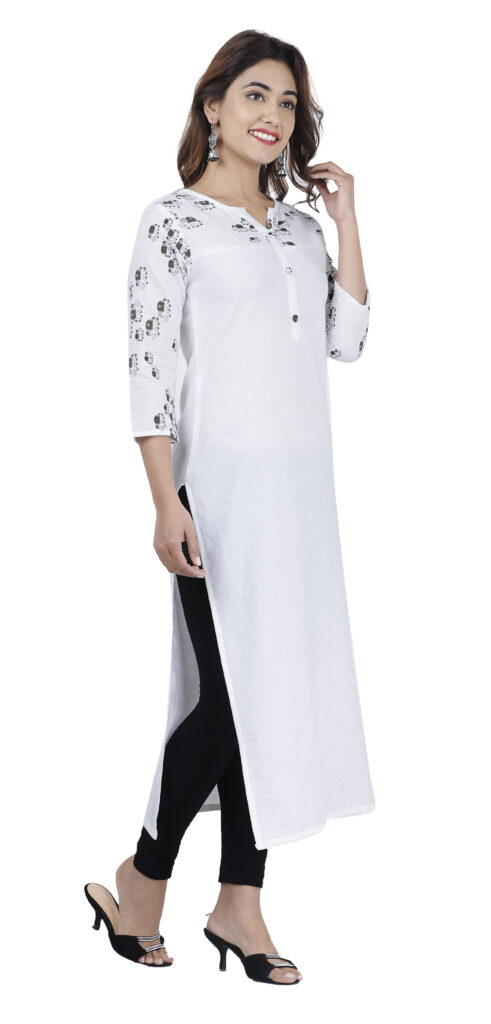 DARGU Women's Solid White Straight Cotton Blend Kurti with Printed Yoke and 3/4 Sleeves - Image 3