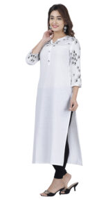 DARGU Women's Solid White Straight Cotton Blend Kurti with Printed Yoke and 3/4 Sleeves - Image 4