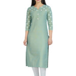 DARGU Women Solid Sea Green Straight Kurti with Polka Dot Printed Sleeves & Yoke