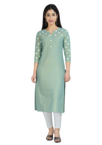 DARGU Women Solid Sea Green Straight Kurti with Polka Dot Printed Sleeves & Yoke