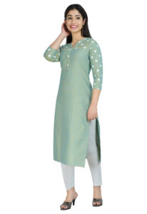 DARGU Women Solid Sea Green Straight Kurti with Polka Dot Printed Sleeves & Yoke - Image 4