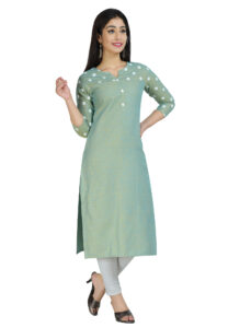 DARGU Women Solid Sea Green Straight Kurti with Polka Dot Printed Sleeves & Yoke - Image 3