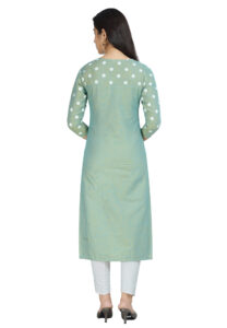DARGU Women Solid Sea Green Straight Kurti with Polka Dot Printed Sleeves & Yoke - Image 2