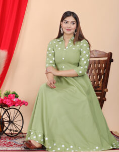 DARGU Women's Olive Green Polka Dot Print Anarkali Kurti | Rayon Flared Long Gown Dress with Shirt Collar & 3/4 Sleeves - Image 2