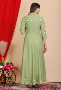 DARGU Women's Olive Green Polka Dot Print Anarkali Kurti | Rayon Flared Long Gown Dress with Shirt Collar & 3/4 Sleeves - Image 3