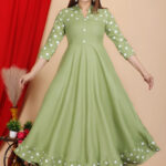 DARGU Women's Olive Green Polka Dot Print Anarkali Kurti | Rayon Flared Long Gown Dress with Shirt Collar & 3/4 Sleeves