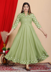 DARGU Women's Olive Green Polka Dot Print Anarkali Kurti | Rayon Flared Long Gown Dress with Shirt Collar & 3/4 Sleeves