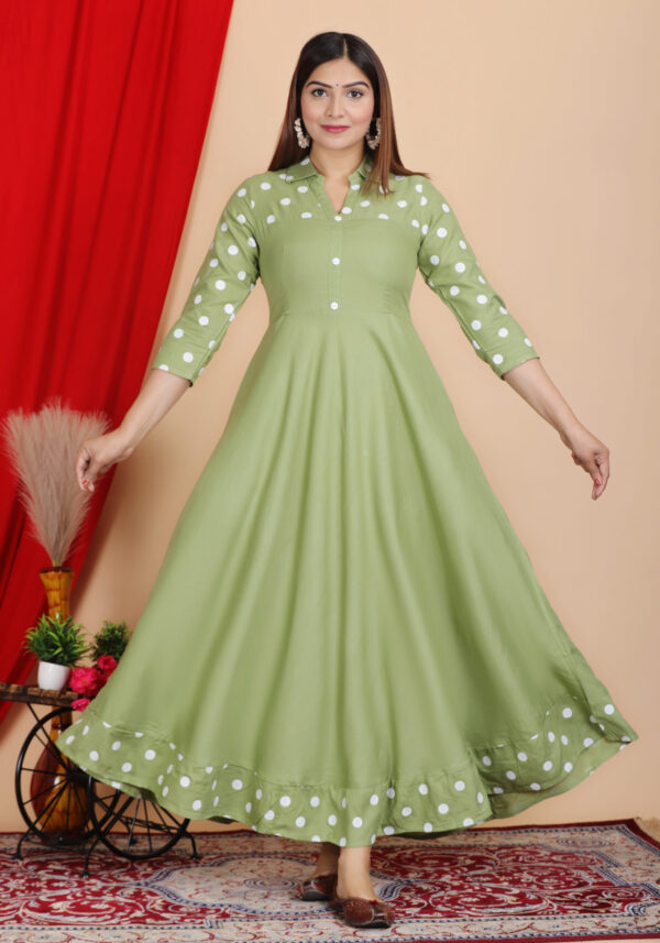 DARGU Women's Olive Green Polka Dot Print Anarkali Kurti | Rayon Flared Long Gown Dress with Shirt Collar & 3/4 Sleeves