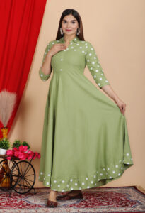 DARGU Women's Olive Green Polka Dot Print Anarkali Kurti | Rayon Flared Long Gown Dress with Shirt Collar & 3/4 Sleeves - Image 4