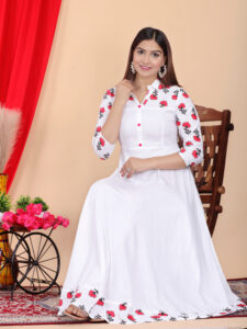 DARGU Women's White Cotton Printed A-Line Anarkali Gown with Shirt Collar - Image 2