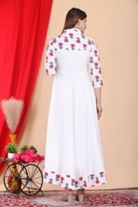 DARGU Women's White Cotton Printed A-Line Anarkali Gown with Shirt Collar - Image 3