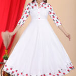 DARGU Women's White Cotton Printed A-Line Anarkali Gown with Shirt Collar