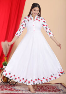 DARGU Women's White Cotton Printed A-Line Anarkali Gown with Shirt Collar