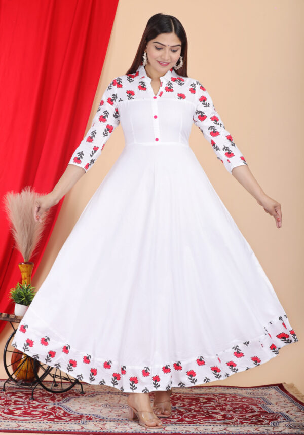 DARGU Women's White Cotton Printed A-Line Anarkali Gown with Shirt Collar