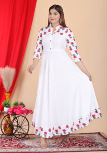 DARGU Women's White Cotton Printed A-Line Anarkali Gown with Shirt Collar - Image 4