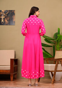 Women's Rani Pink Polka Dot Print Flared Rayon Anarkali Kurta / Long Gown Dress - Image 5