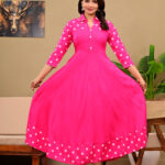 Women's Rani Pink Polka Dot Print Flared Rayon Anarkali Kurta / Long Gown Dress
