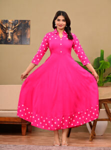 Women's Rani Pink Polka Dot Print Flared Rayon Anarkali Kurta / Long Gown Dress