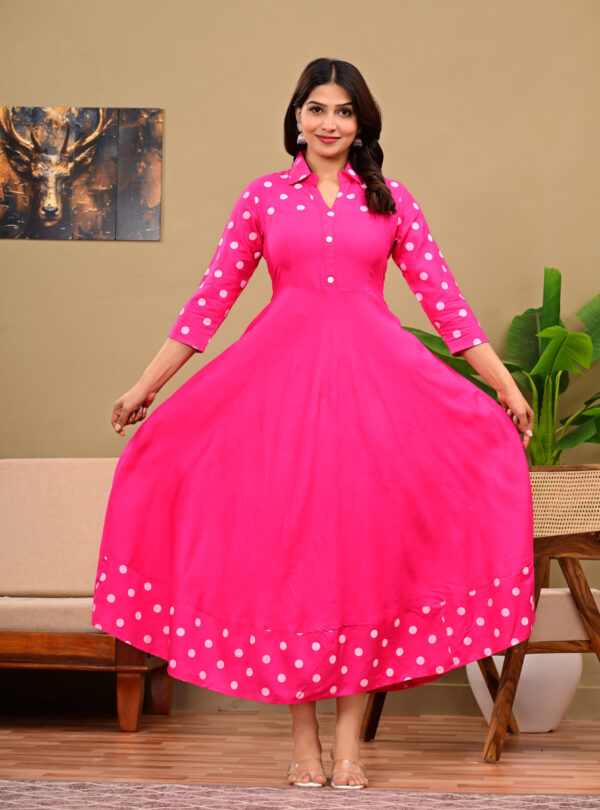 Women's Rani Pink Polka Dot Print Flared Rayon Anarkali Kurta / Long Gown Dress
