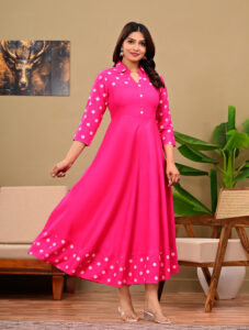 Women's Rani Pink Polka Dot Print Flared Rayon Anarkali Kurta / Long Gown Dress - Image 4