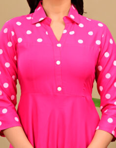 Women's Rani Pink Polka Dot Print Flared Rayon Anarkali Kurta / Long Gown Dress - Image 2