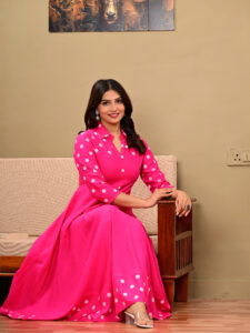 Women's Rani Pink Polka Dot Print Flared Rayon Anarkali Kurta / Long Gown Dress - Image 3