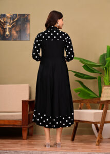 Women's Black Polka Dot Printed Rayon A-Line Anarkali Gown Dress with Collar Neck & $3/4$ Sleeves - Image 5