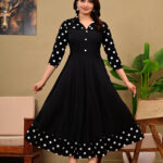 Women's Black Polka Dot Printed Rayon A-Line Anarkali Gown Dress with Collar Neck & $3/4$ Sleeves