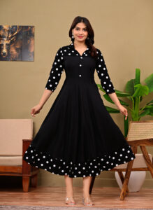 Women's Black Polka Dot Printed Rayon A-Line Anarkali Gown Dress with Collar Neck & $3/4$ Sleeves