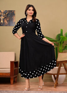 Women's Black Polka Dot Printed Rayon A-Line Anarkali Gown Dress with Collar Neck & $3/4$ Sleeves - Image 4