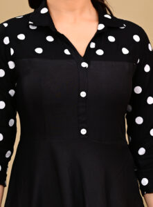 Women's Black Polka Dot Printed Rayon A-Line Anarkali Gown Dress with Collar Neck & $3/4$ Sleeves - Image 3
