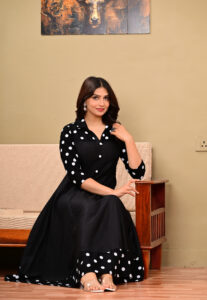 Women's Black Polka Dot Printed Rayon A-Line Anarkali Gown Dress with Collar Neck & $3/4$ Sleeves - Image 2