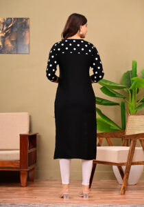 Women's Black Rayon Polka Dot Printed Straight Kurti with 3/4 Sleeves - Image 4