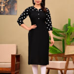Women's Black Rayon Polka Dot Printed Straight Kurti with 3/4 Sleeves