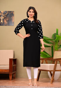 Women's Black Rayon Polka Dot Printed Straight Kurti with 3/4 Sleeves