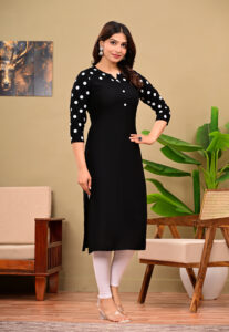 Women's Black Rayon Polka Dot Printed Straight Kurti with 3/4 Sleeves - Image 3