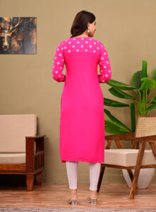 Women's Cotton Blend Rani Pink Straight Kurti with Polka Dot Print Sleeves & Neckline - Image 2