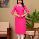 Women's Cotton Blend Rani Pink Straight Kurti with Polka Dot Print Sleeves & Neckline