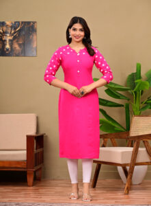 Women's Cotton Blend Rani Pink Straight Kurti with Polka Dot Print Sleeves & Neckline