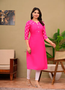 Women's Cotton Blend Rani Pink Straight Kurti with Polka Dot Print Sleeves & Neckline - Image 3