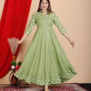 DARGU Women's Sage Green Polka Dot Printed Anarkali Gown with Shirt Collar